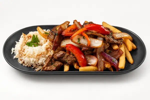 Lomo saltado with rice and fries