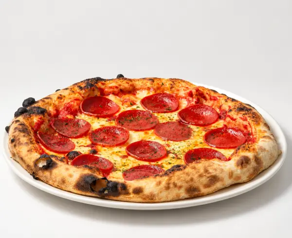 Stone-baked pepperoni pizza